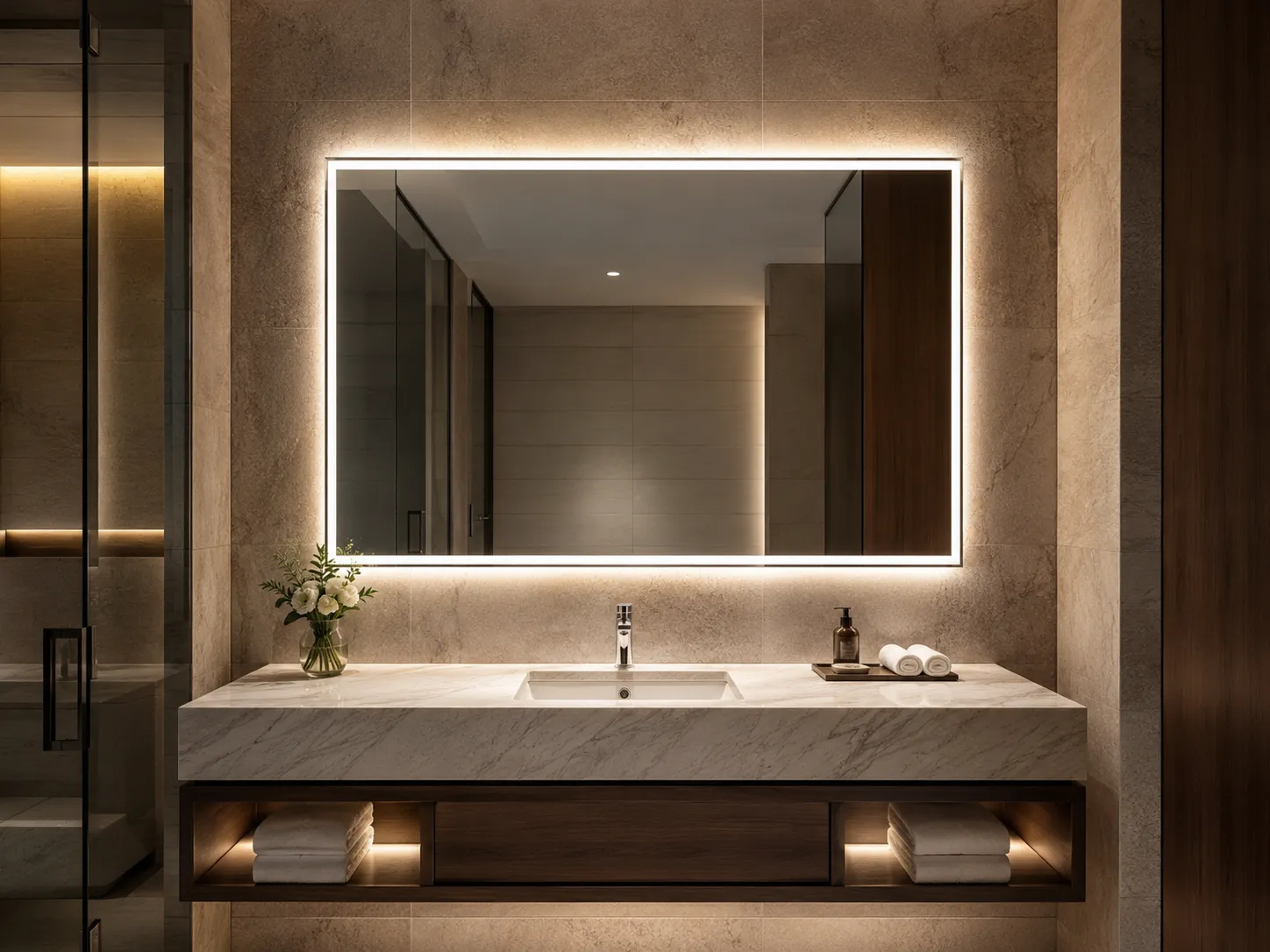 Wall-mounted LED bathroom mirror installed above a hotel bathroom vanity