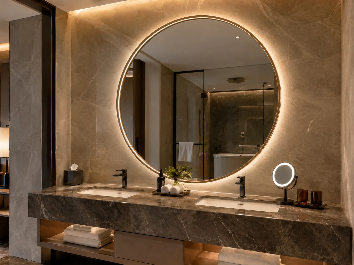 Luxury hotel bathroom with LED bathroom mirror and wall-mounted makeup mirror