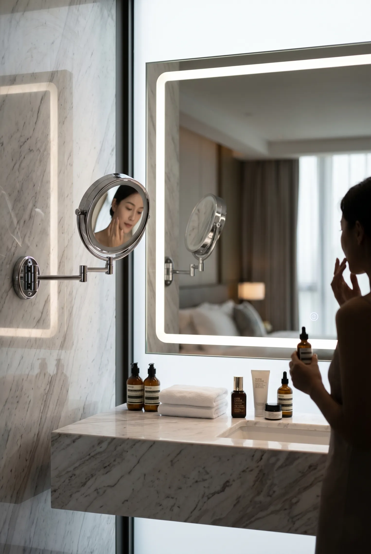 Professional LED mirror manufacturer and extendable 3X magnification shaving mirror used in a luxury marble vanity suite