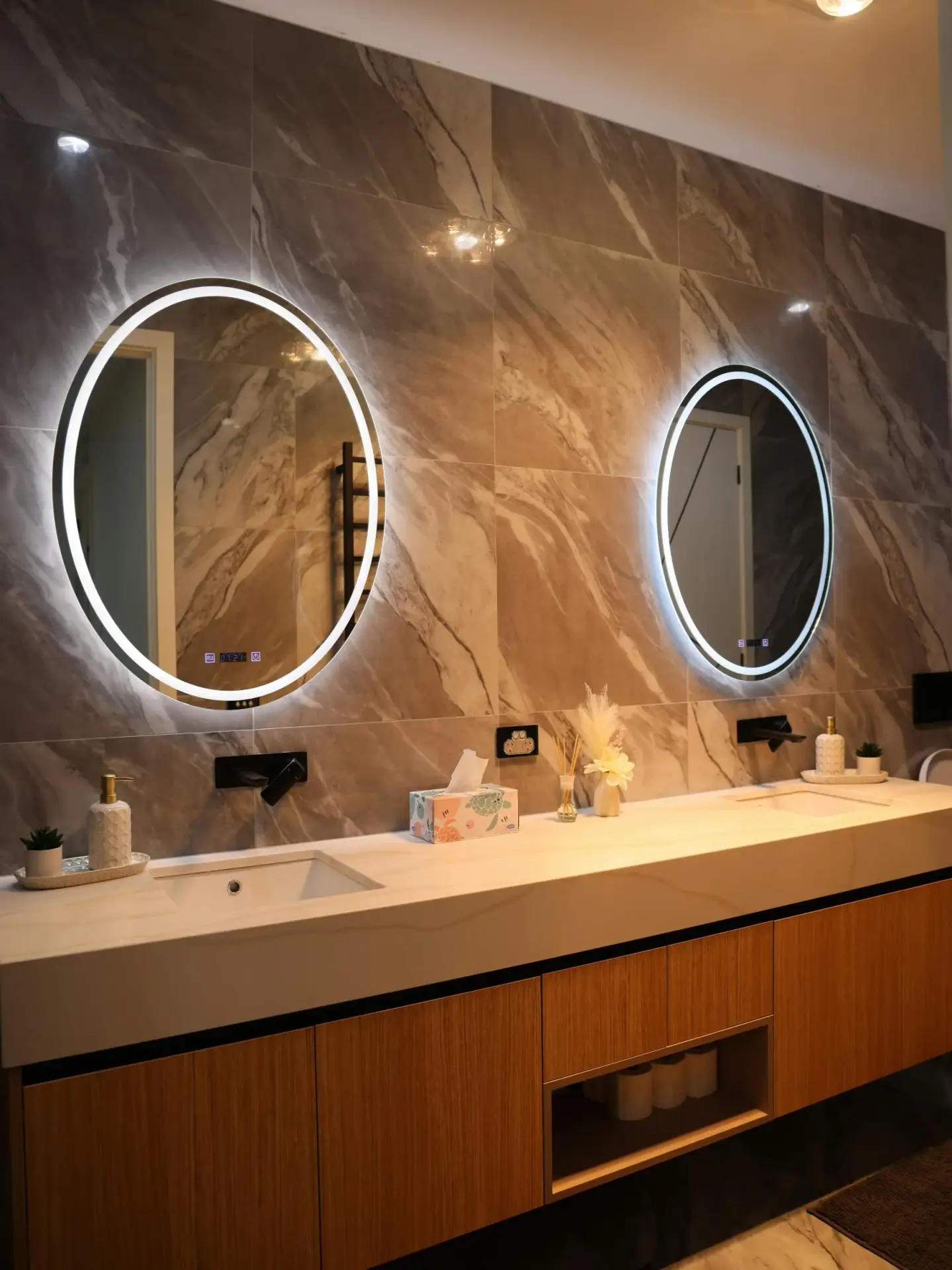 Luxury hotel bathroom renovation project featuring NISSIYA LED lighted mirrors.