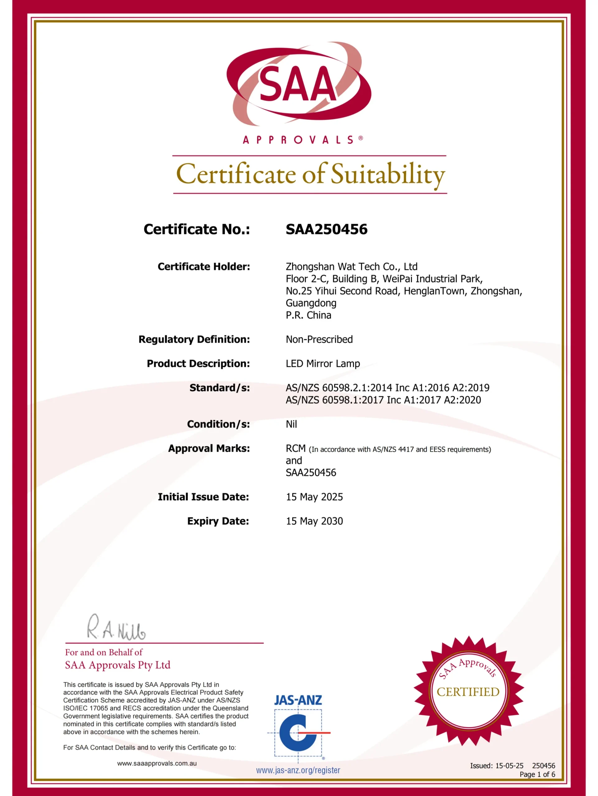 NISSIYA LED bathroom mirror with SAA certification, meeting Australian electrical safety standards for commercial and residential projects.