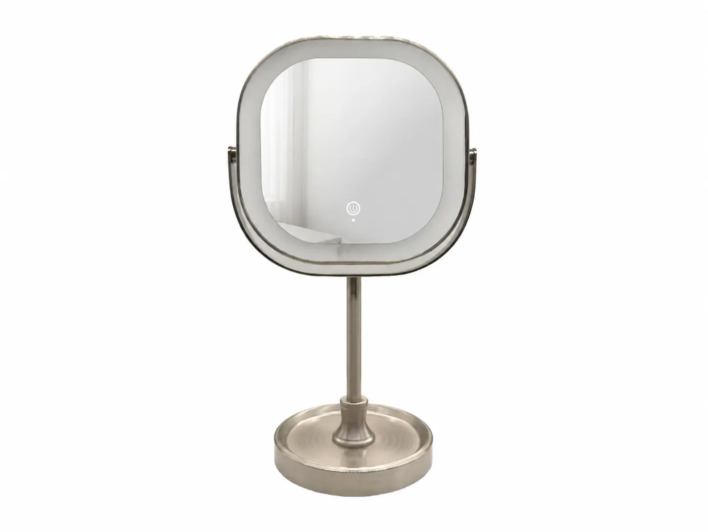 220mm double-sided LED makeup mirror with touch sensor switch, brushed nickel finish and rechargeable lithium battery