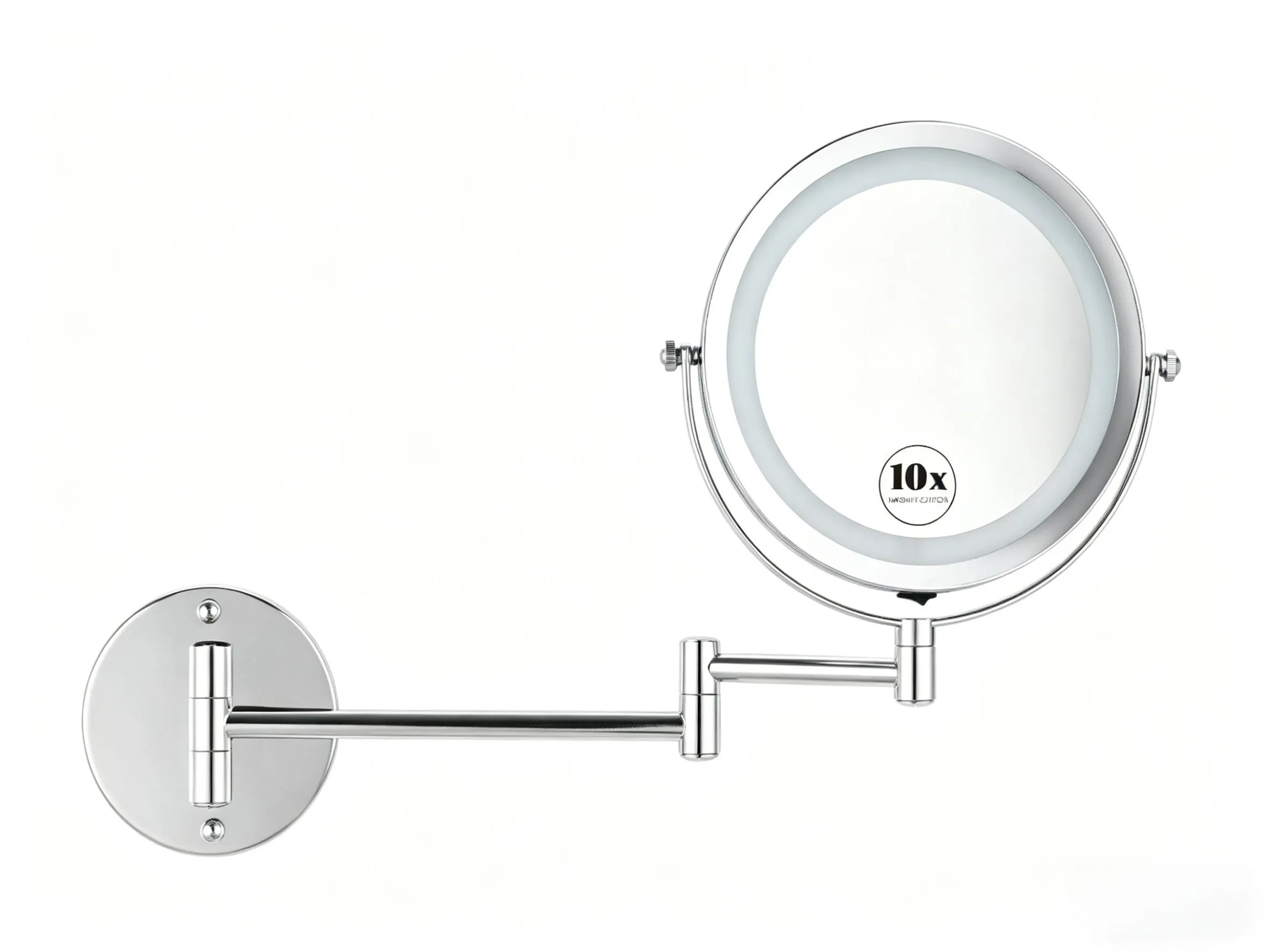 7 inch double-sided LED wall mounted makeup mirror with extension arm, chrome finish and battery powered design