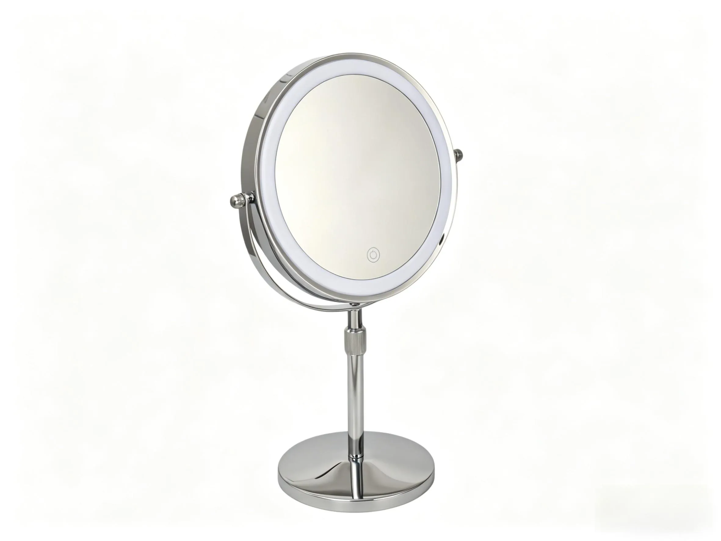 8 inch double-sided LED makeup mirror with adjustable height, touch sensor switch and chrome finish