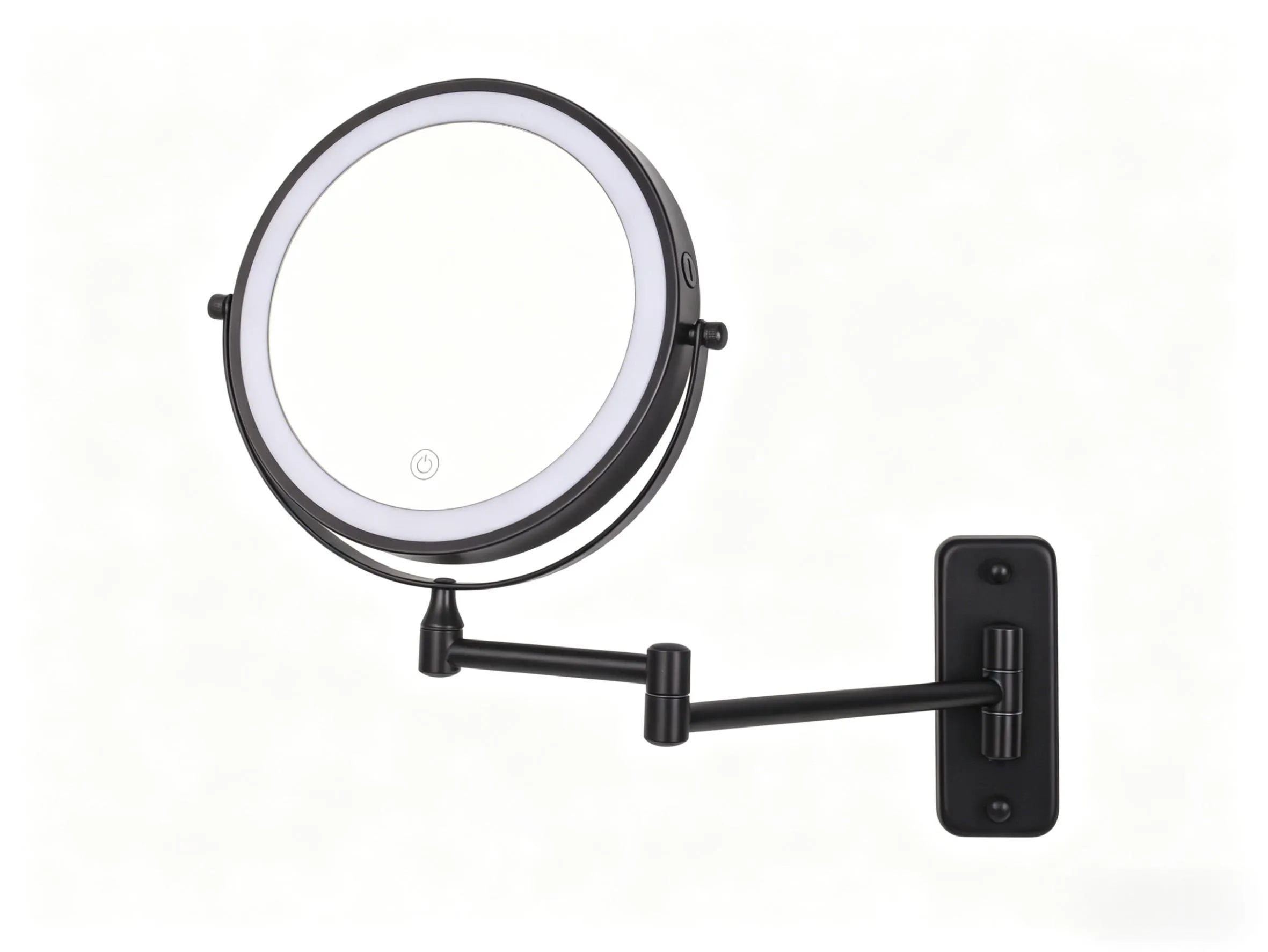 8 inch double-sided LED wall mounted makeup mirror with dual-arm extension, touch sensor control and matte black finish