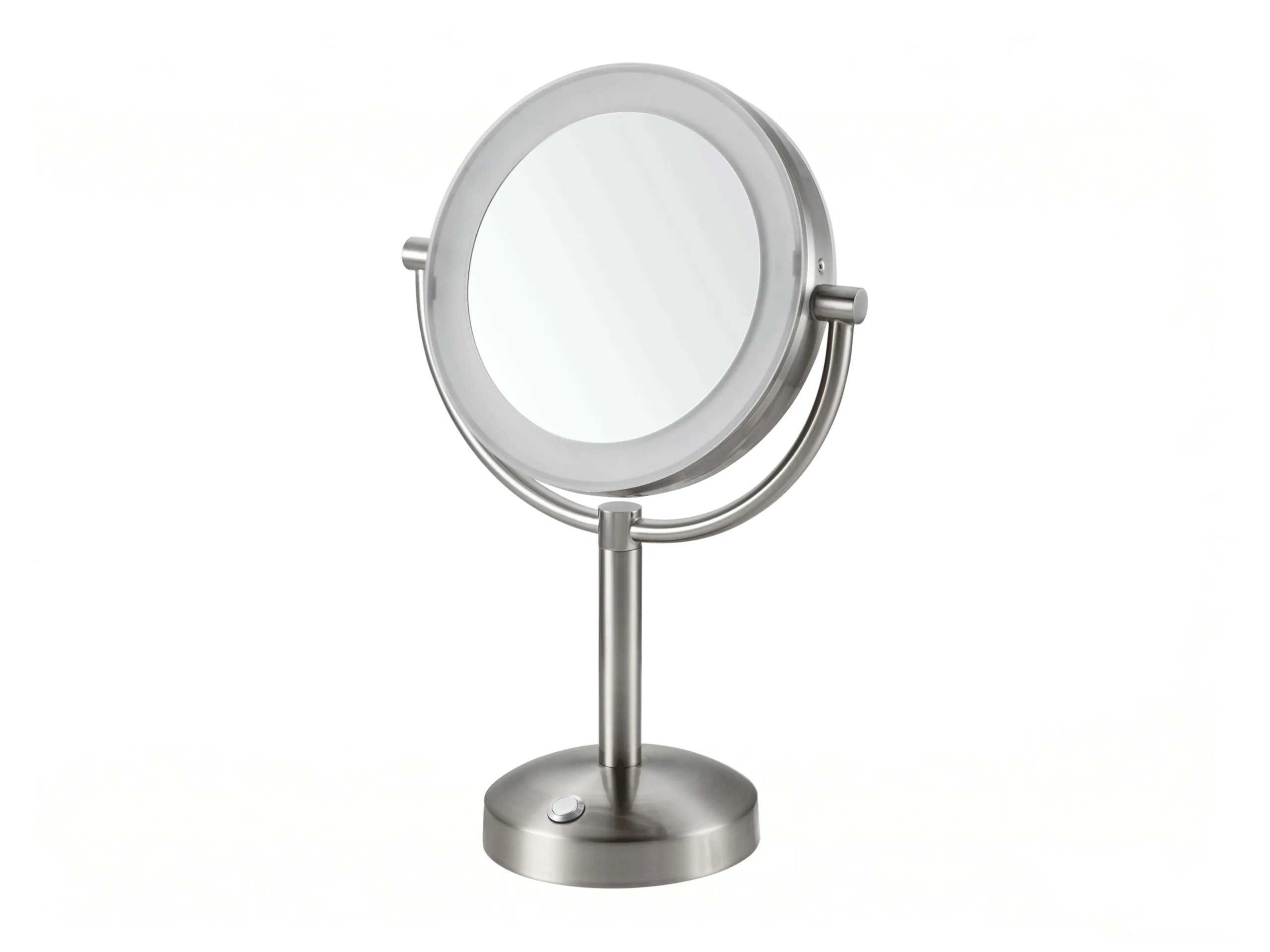 9.5 inch double sided LED table mirror with brushed nickel finish and 10x magnification