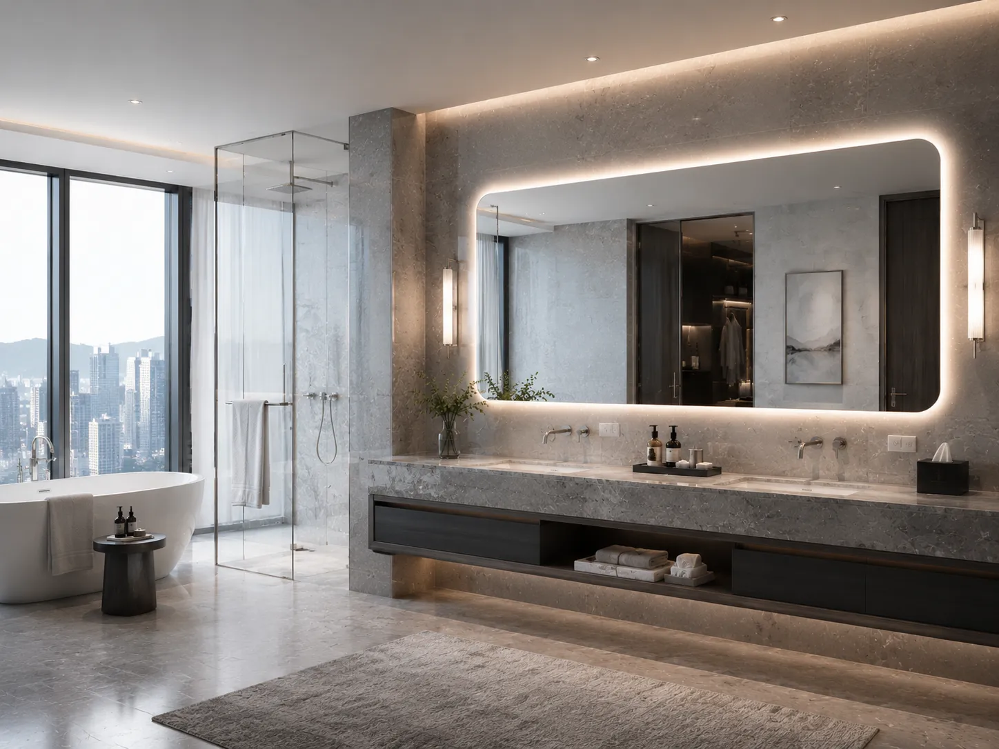 Luxury hotel bathroom featuring a large illuminated LED bathroom mirror with grey marble walls and modern hospitality interior design.
