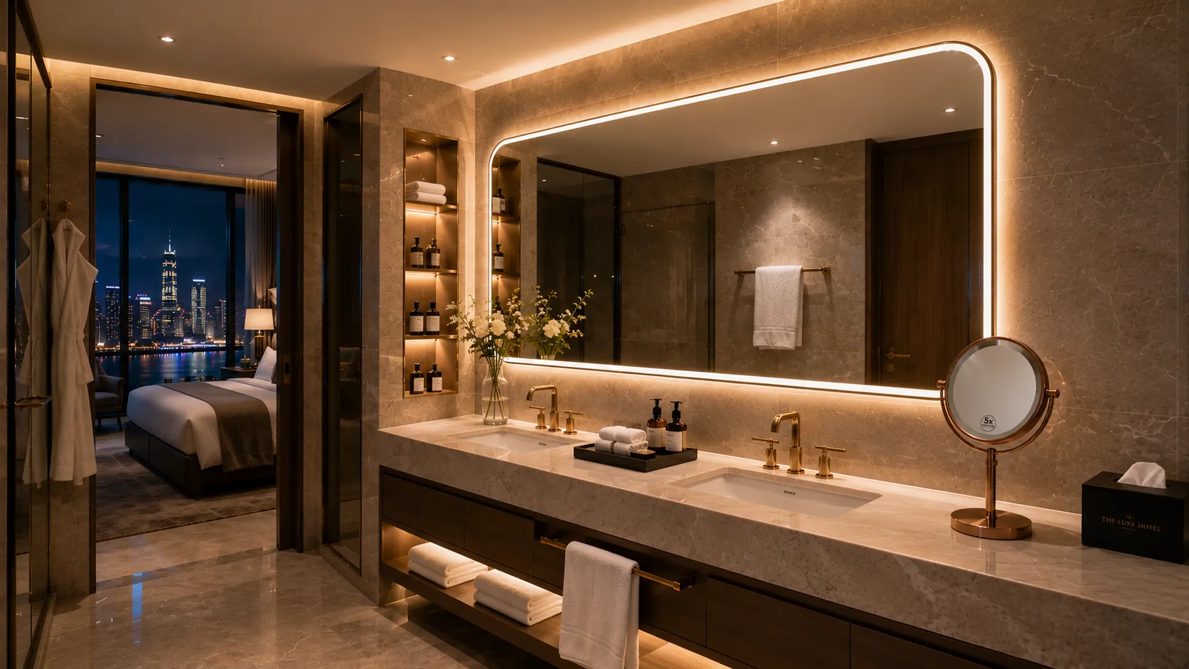 Luxury hotel bathroom featuring custom LED bathroom mirror and makeup mirror solution by NISSIYA