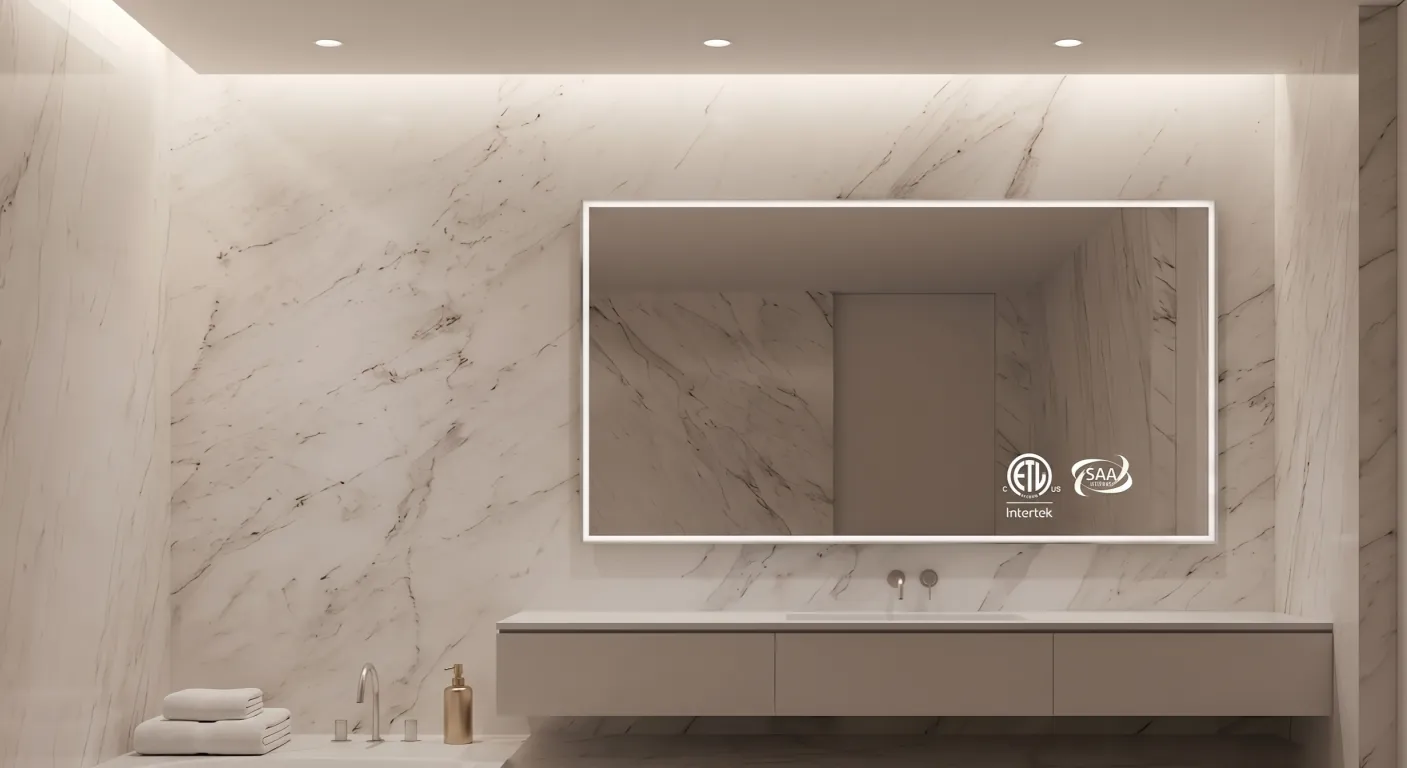 NISSIYA certified LED bathroom mirror showing ETL and SAA compliance certifications for hospitality and hotel commercial projects.