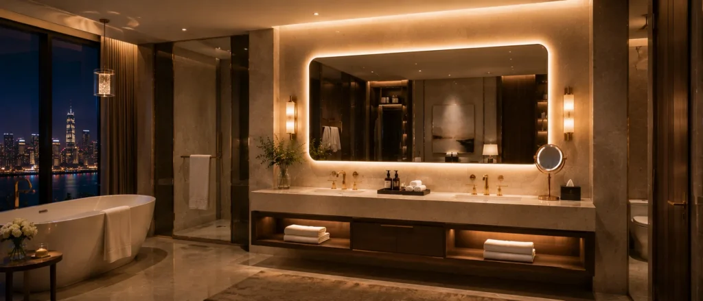 Luxury hotel bathroom with illuminated LED bathroom mirror and marble vanity by NISSIYA