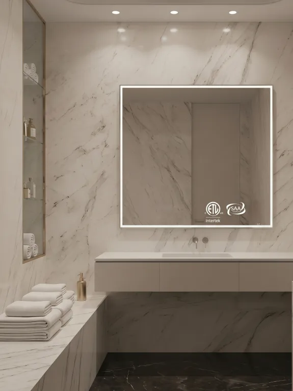 NISSIYA certified LED bathroom mirror showing ETL and SAA compliance certifications for hospitality and hotel commercial projects.