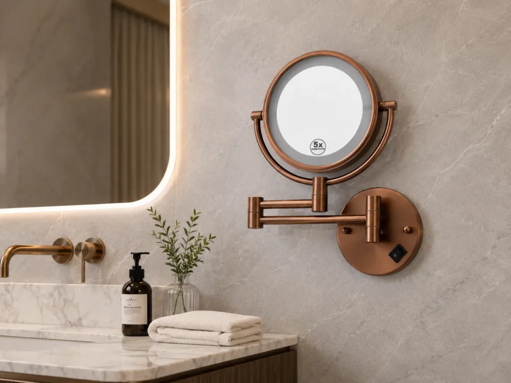 NISSIYA wall-mounted lighted makeup mirror in a modern hotel bathroom vanity scene
