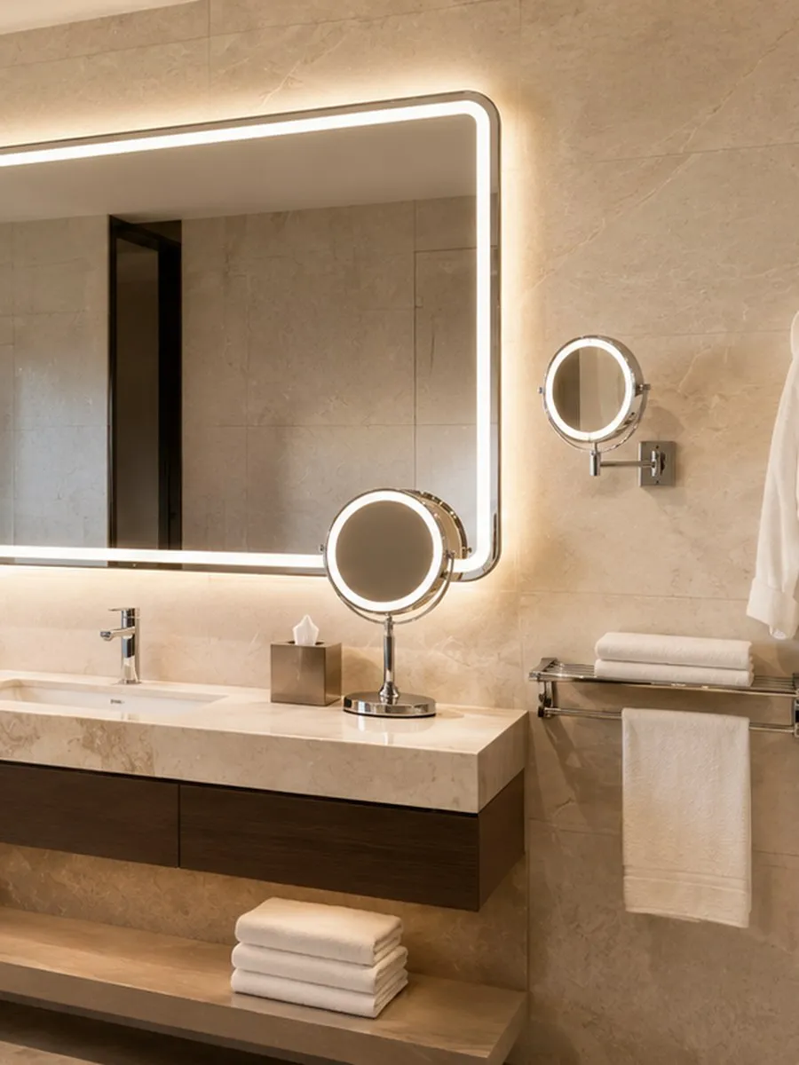 NISSIYA product collections with bathroom mirrors makeup mirrors and bathroom accessories for hotel and commercial projects