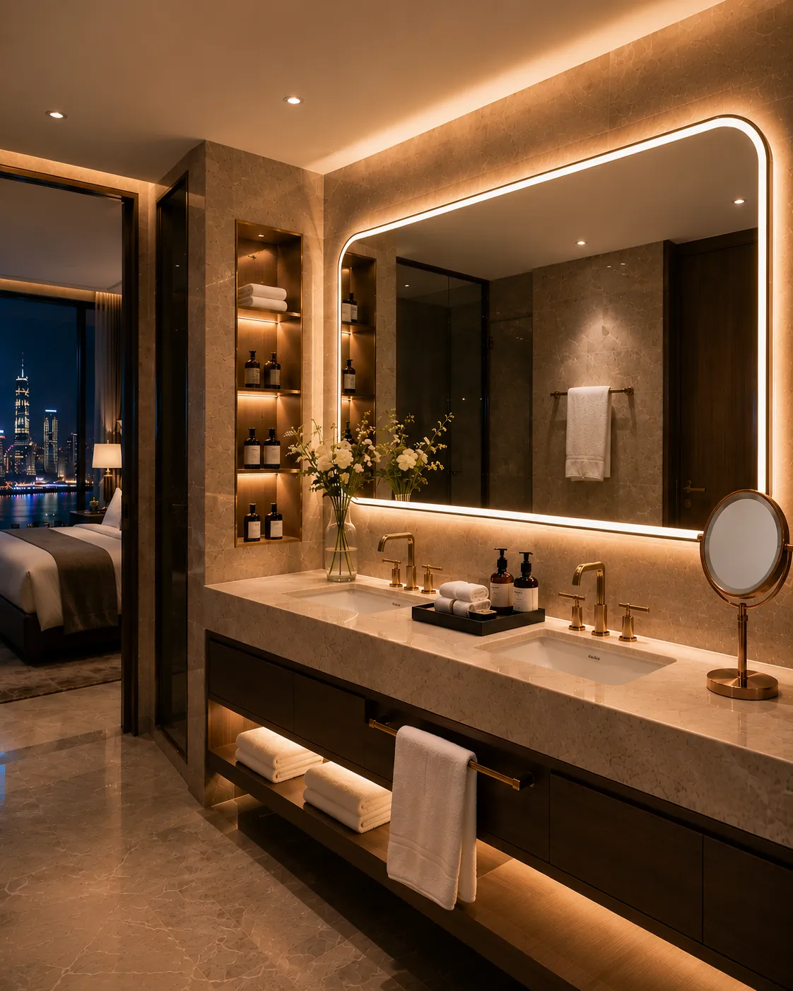 Luxury hotel bathroom featuring custom LED bathroom mirror and makeup mirror solution by NISSIYA