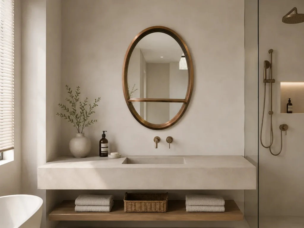 Oval Bathroom Mirror with Integrated Shelf