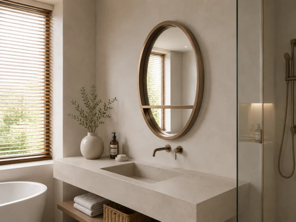 Oval Bathroom Mirror with Integrated Shelf