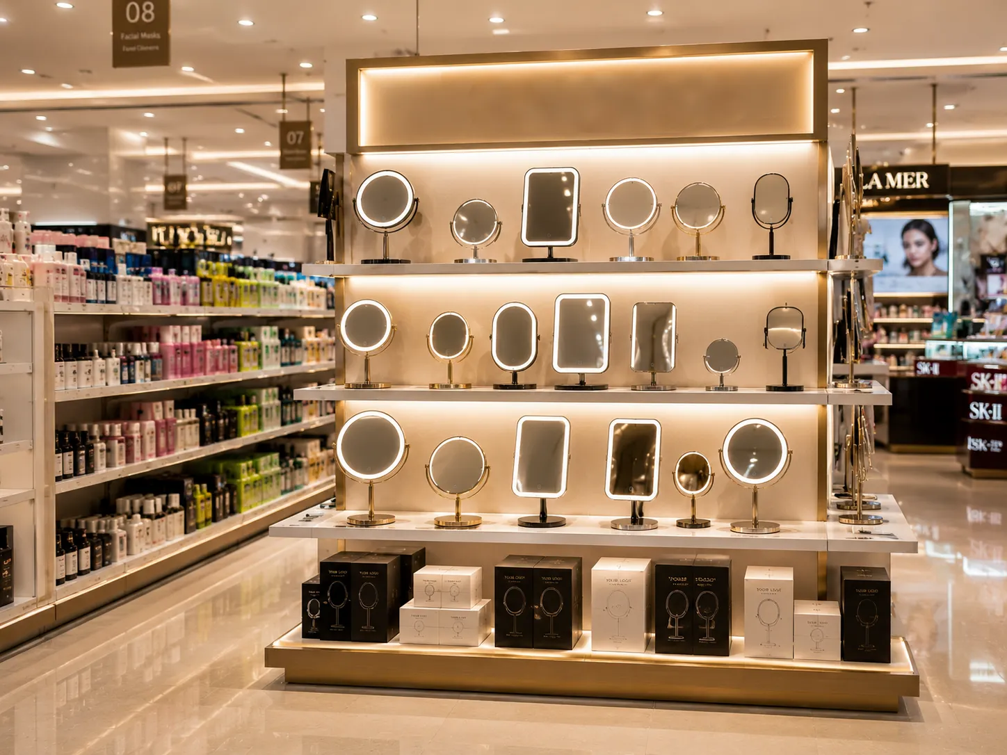 Retail beauty mirror display for private label and supermarket programs