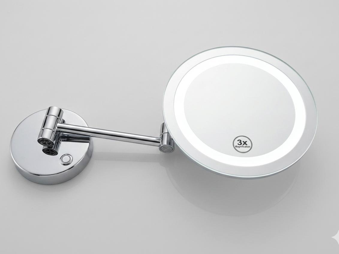 9-inch wall-mounted LED makeup mirror with 3X magnification and dual extension arms