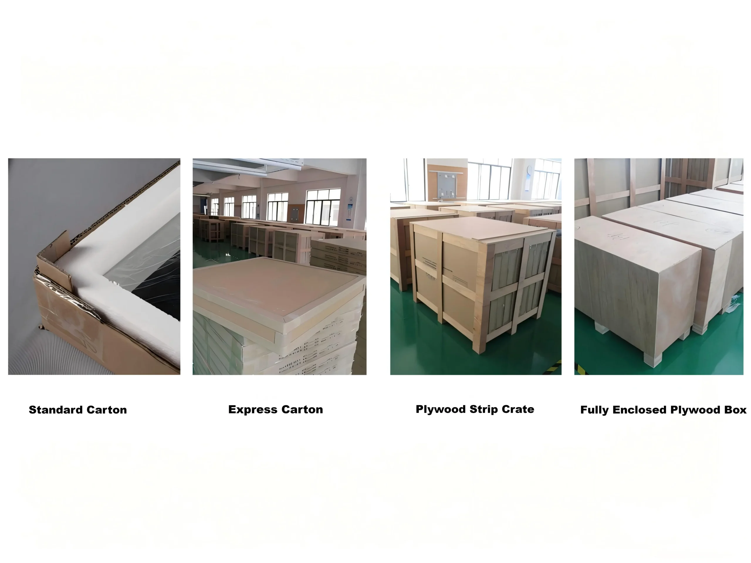 NISSIYA mirror packaging options including standard carton express carton plywood strip crate and fully enclosed plywood box