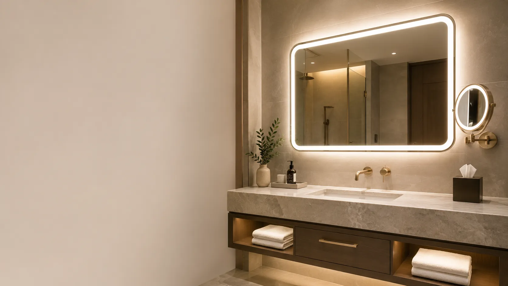 Modern bathroom vanity with illuminated bathroom mirror and wall mounted makeup mirror for bathroom mirror installation guide