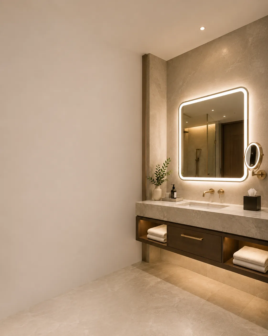Modern bathroom vanity with illuminated bathroom mirror and wall mounted makeup mirror for bathroom mirror installation guide