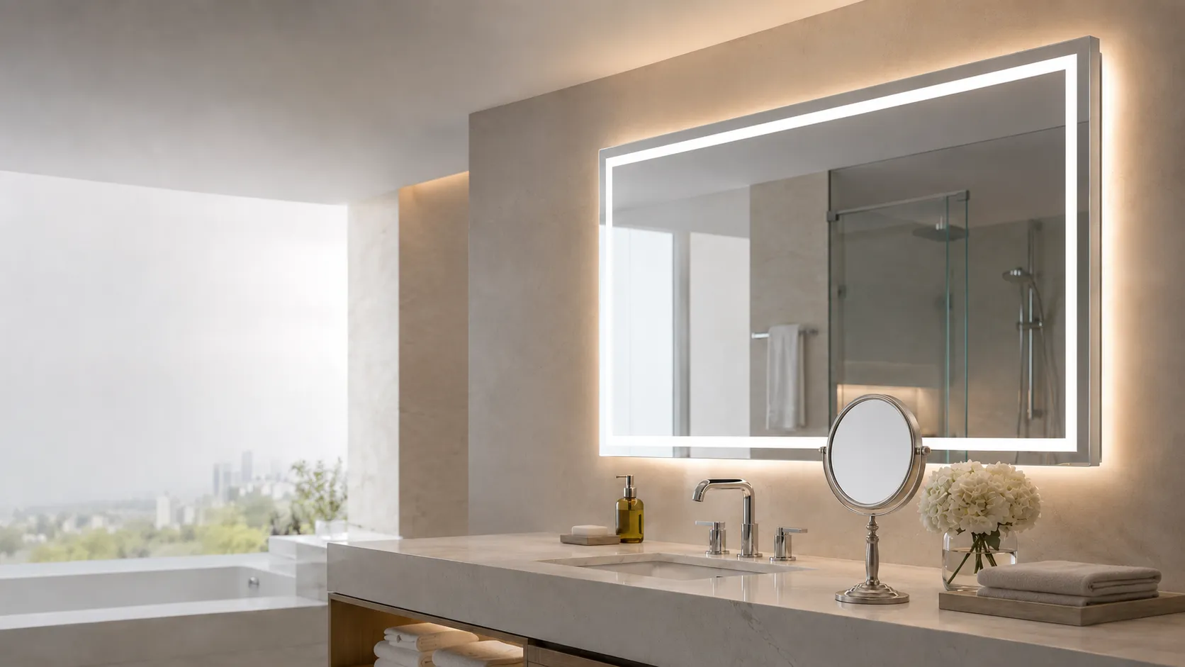 Modern hotel bathroom with an LED bathroom mirror and tabletop makeup mirror for bathroom mirror technical guides