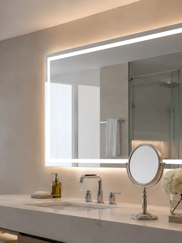 Modern hotel bathroom with an LED bathroom mirror and tabletop makeup mirror for bathroom mirror technical guides