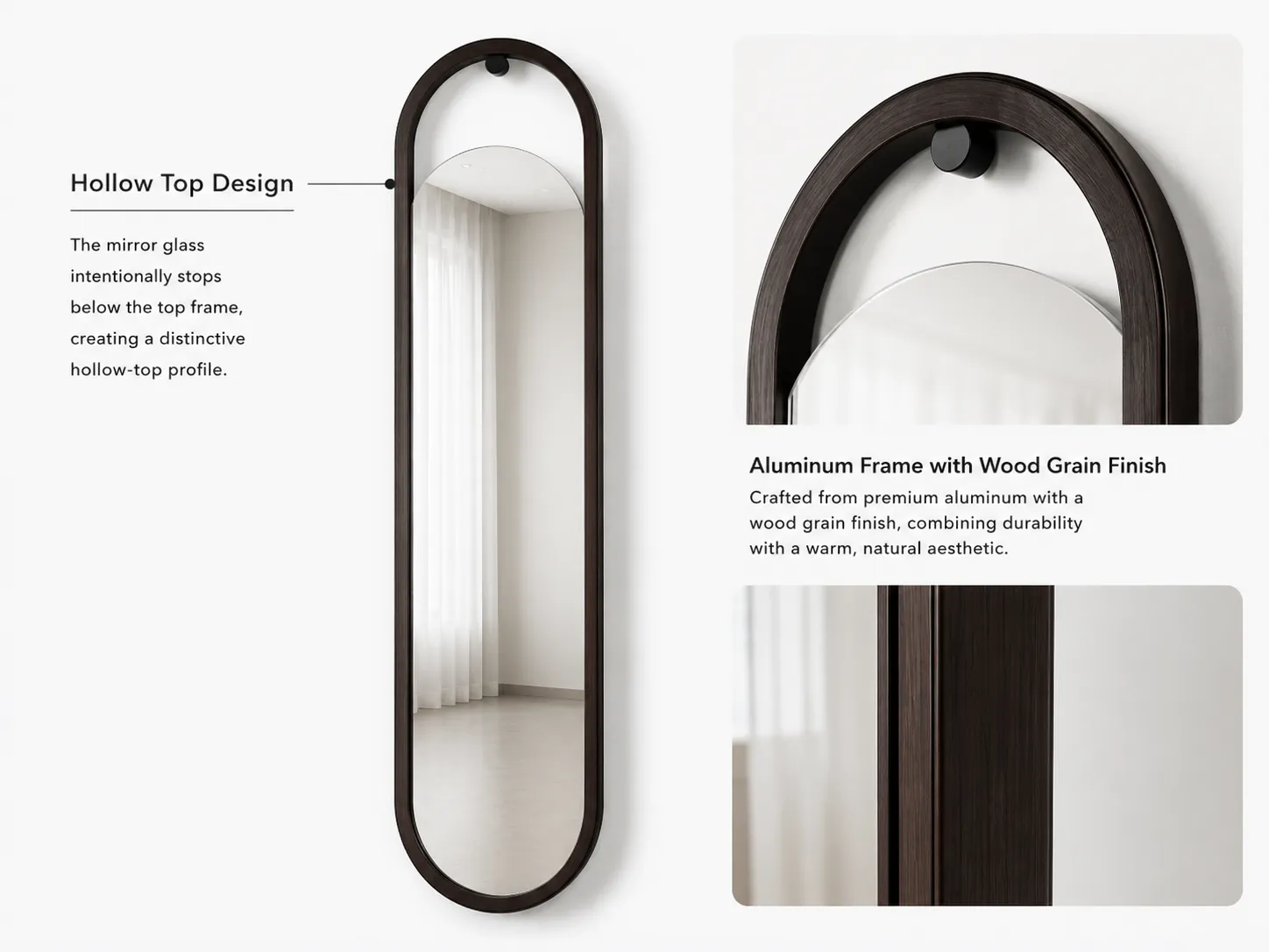 Hollow Top Wall Mounted Dress Mirror with Wood Grain Frame