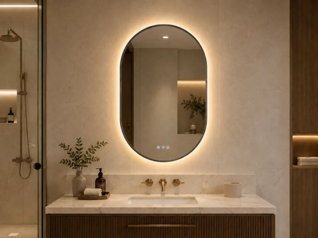 Racetrack Framed LED Bathroom Mirror with Brushed Gunmetal Frame