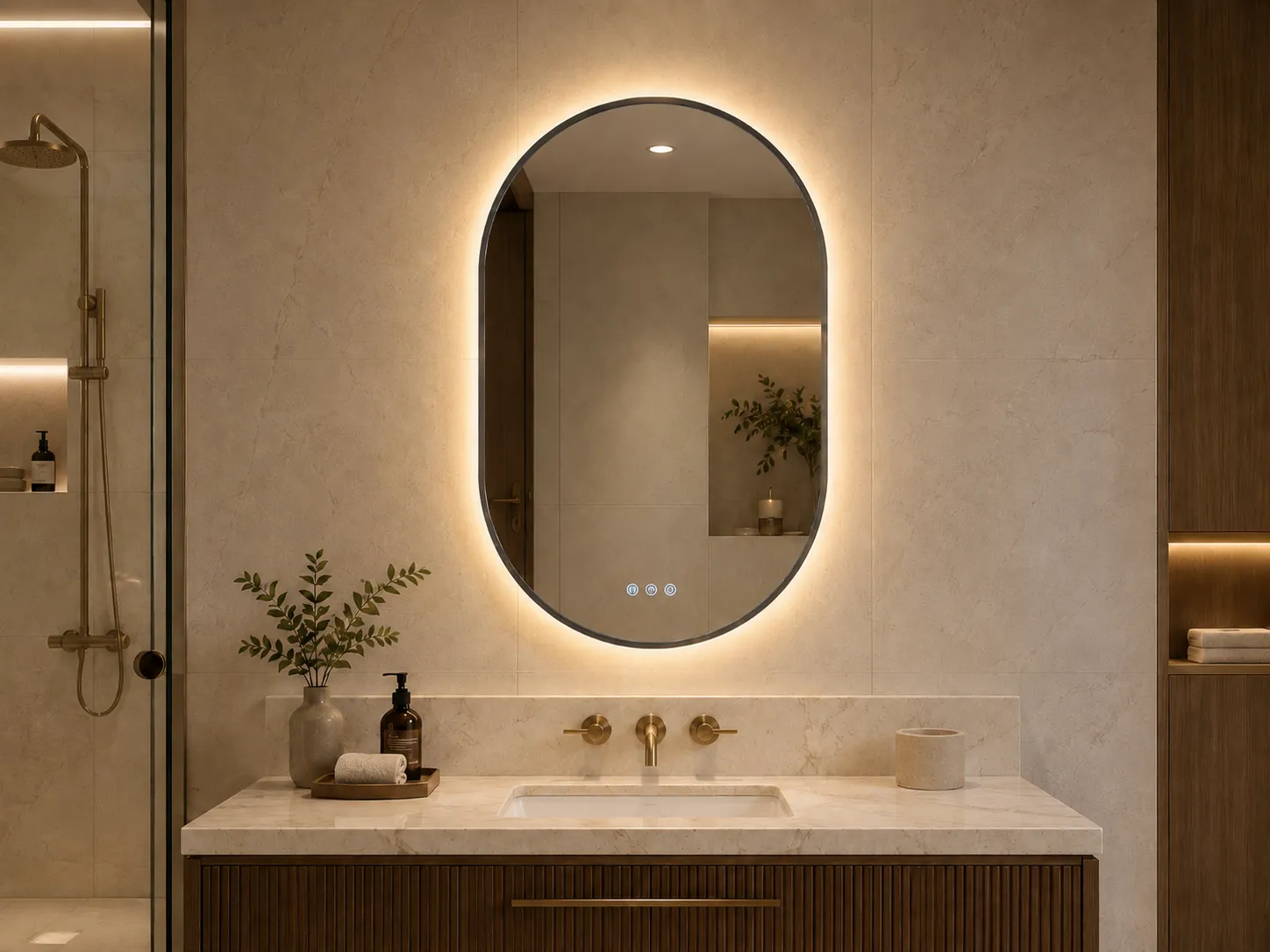 Racetrack Framed LED Bathroom Mirror with Brushed Gunmetal Frame
