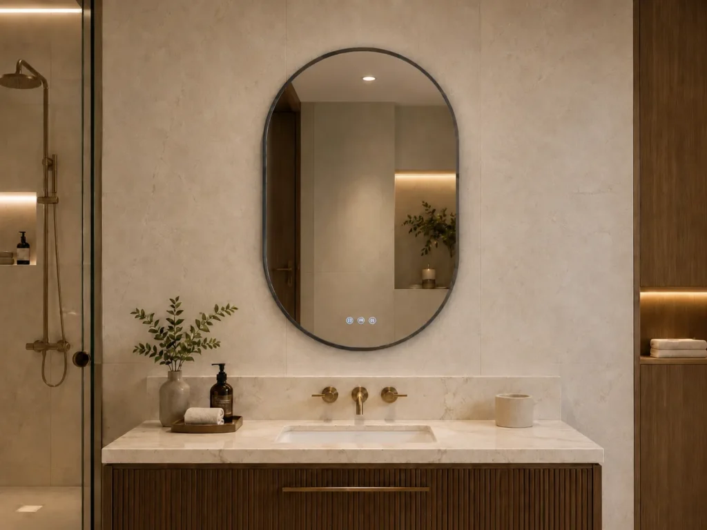 Racetrack Framed LED Bathroom Mirror with Brushed Gunmetal Frame