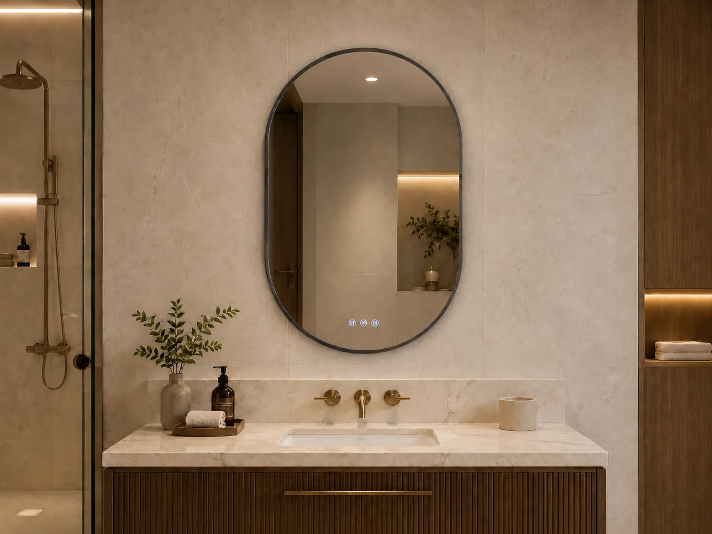 Racetrack Framed LED Bathroom Mirror with Brushed Gunmetal Frame
