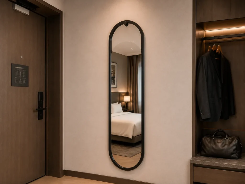 Hollow Top Wall Mounted Dress Mirror with Wood Grain Frame
