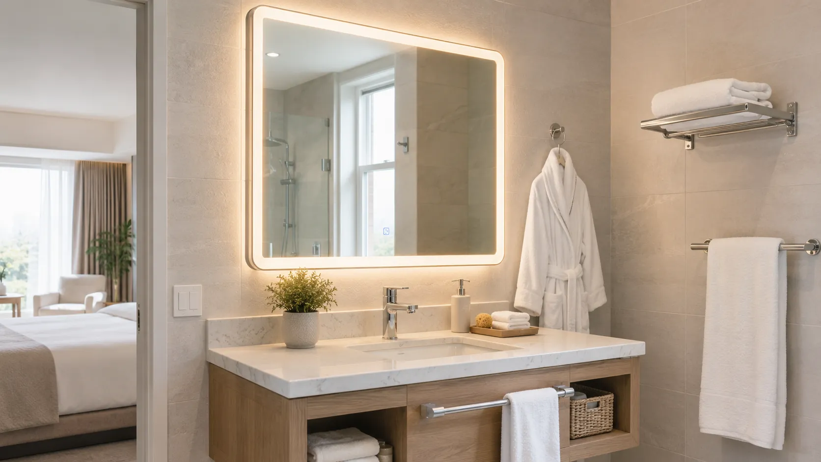 Accessible bathroom mirrors and stainless steel bathroom accessories for hospitality and senior living projects