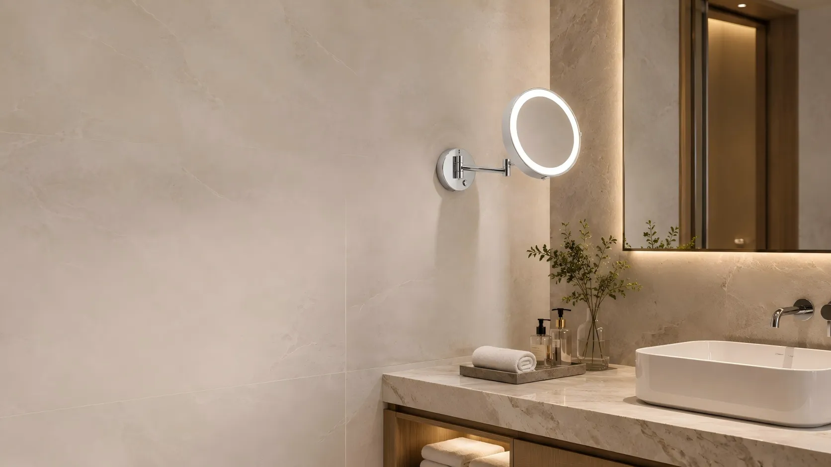 Wall mounted lighted makeup mirror installed in a modern hotel bathroom mirror projects