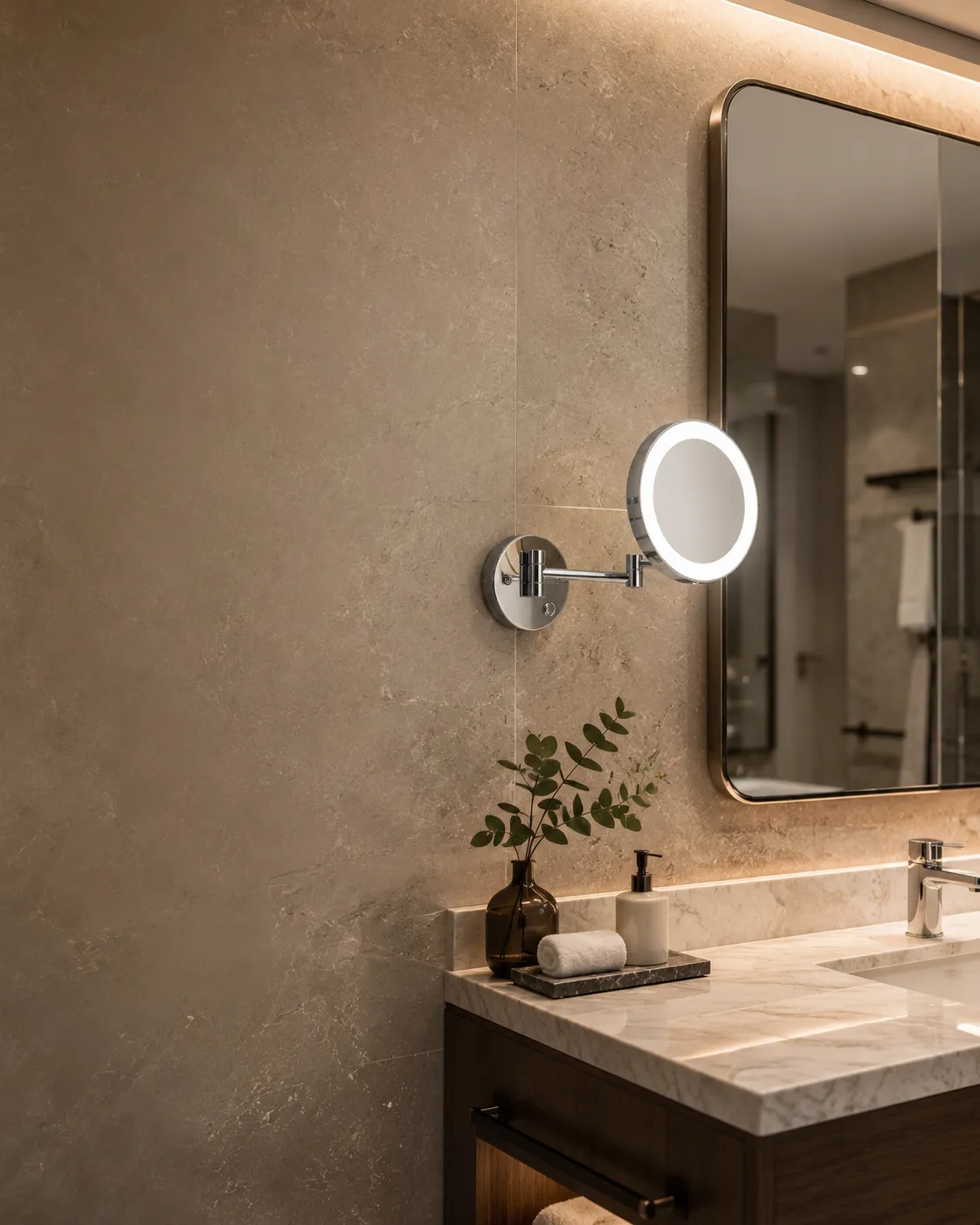 Wall mounted lighted makeup mirror installed in a modern hotel bathroom mirror projects