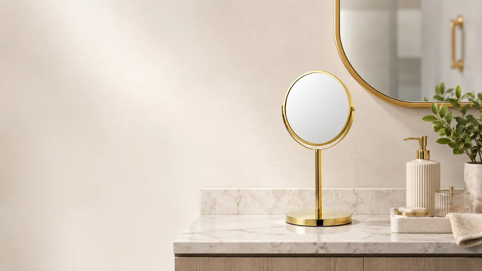 Gold tabletop makeup mirror displayed in a modern retail-style bathroom setting for makeup mirror retail distribution