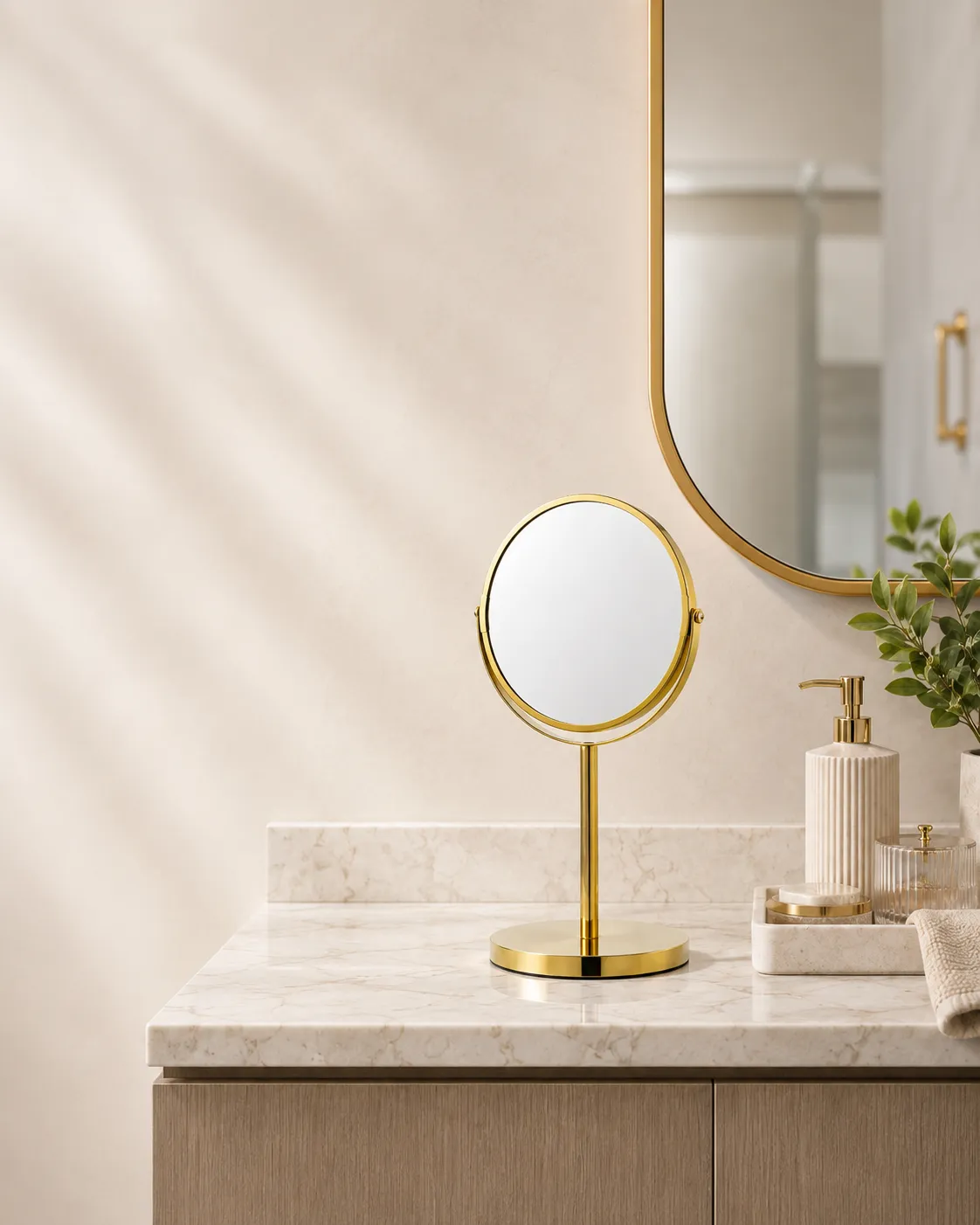 Gold tabletop makeup mirror displayed in a modern retail-style bathroom setting for makeup mirror retail distribution