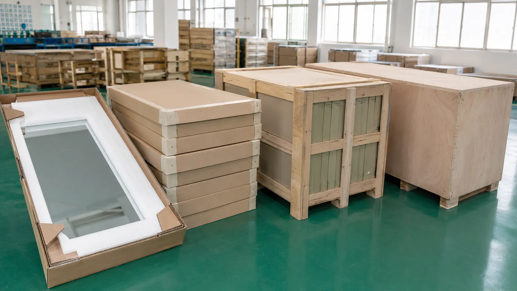 Mirror packaging solutions with EPE foam, reinforced cartons and plywood crates for hotel project shipping.