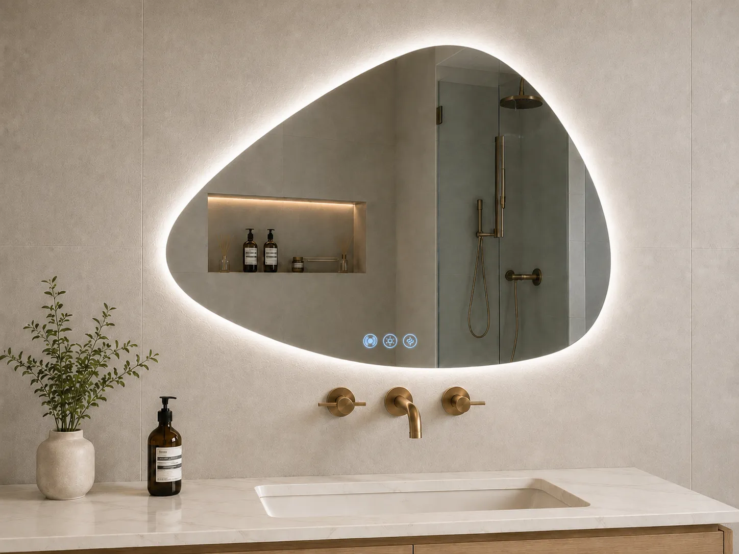 Irregular backlit LED bathroom mirror with cool white lighting above a modern vanity