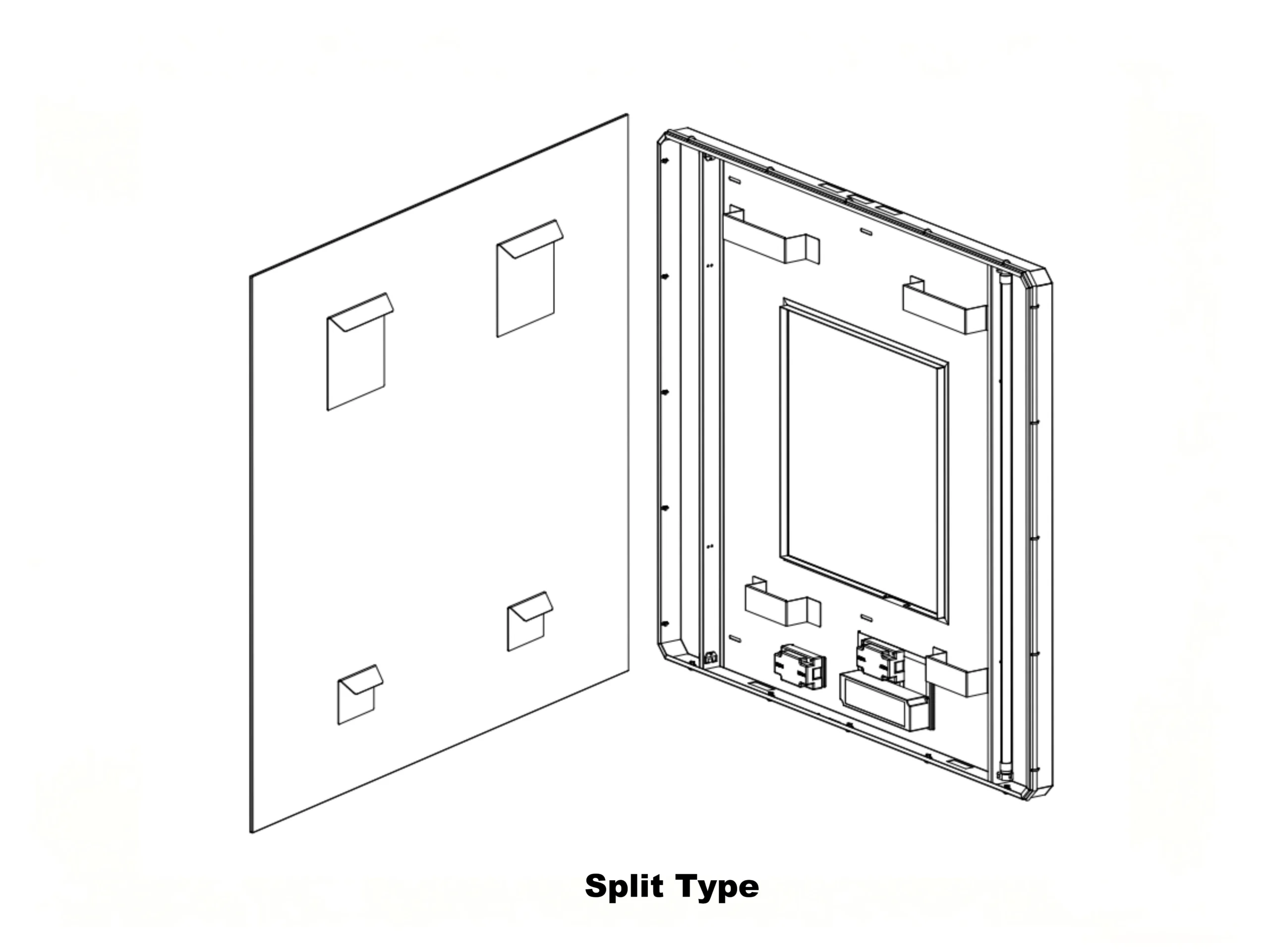 Split type LED bathroom mirror structure with separate rear electrical components