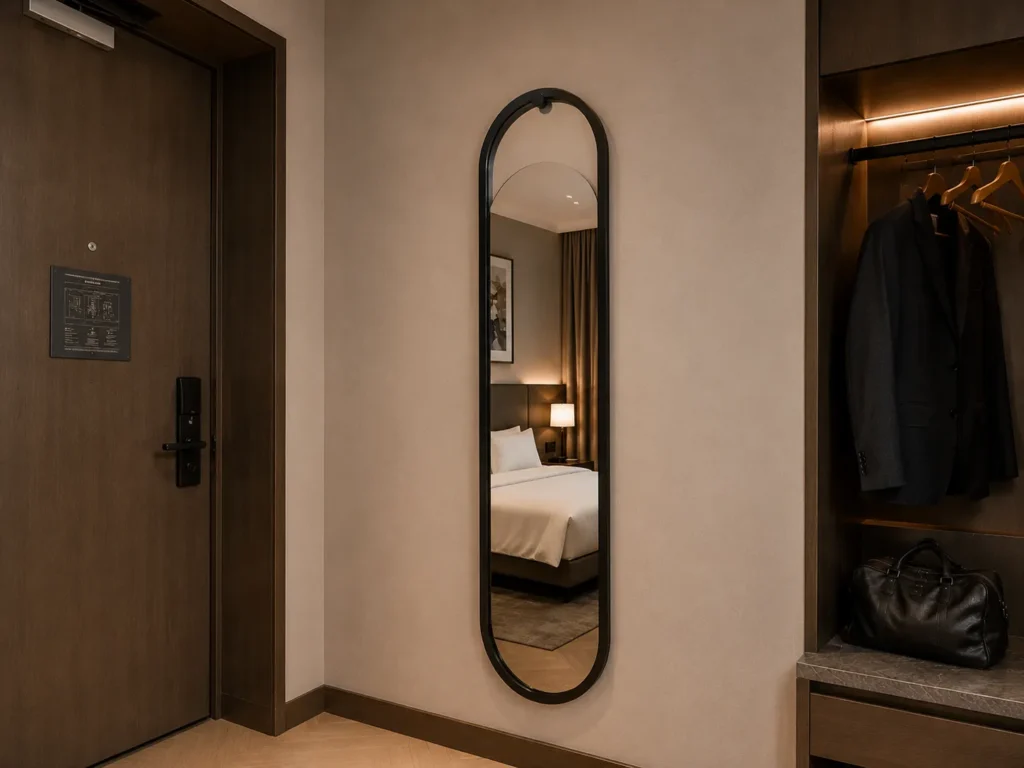 Hollow Top Wall Mounted Dress Mirror with Wood Grain Frame