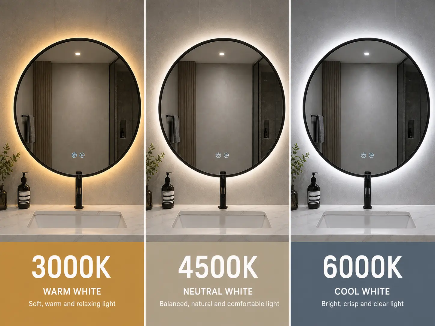 3000K 4500K and 6000K LED mirror color temperature comparison
