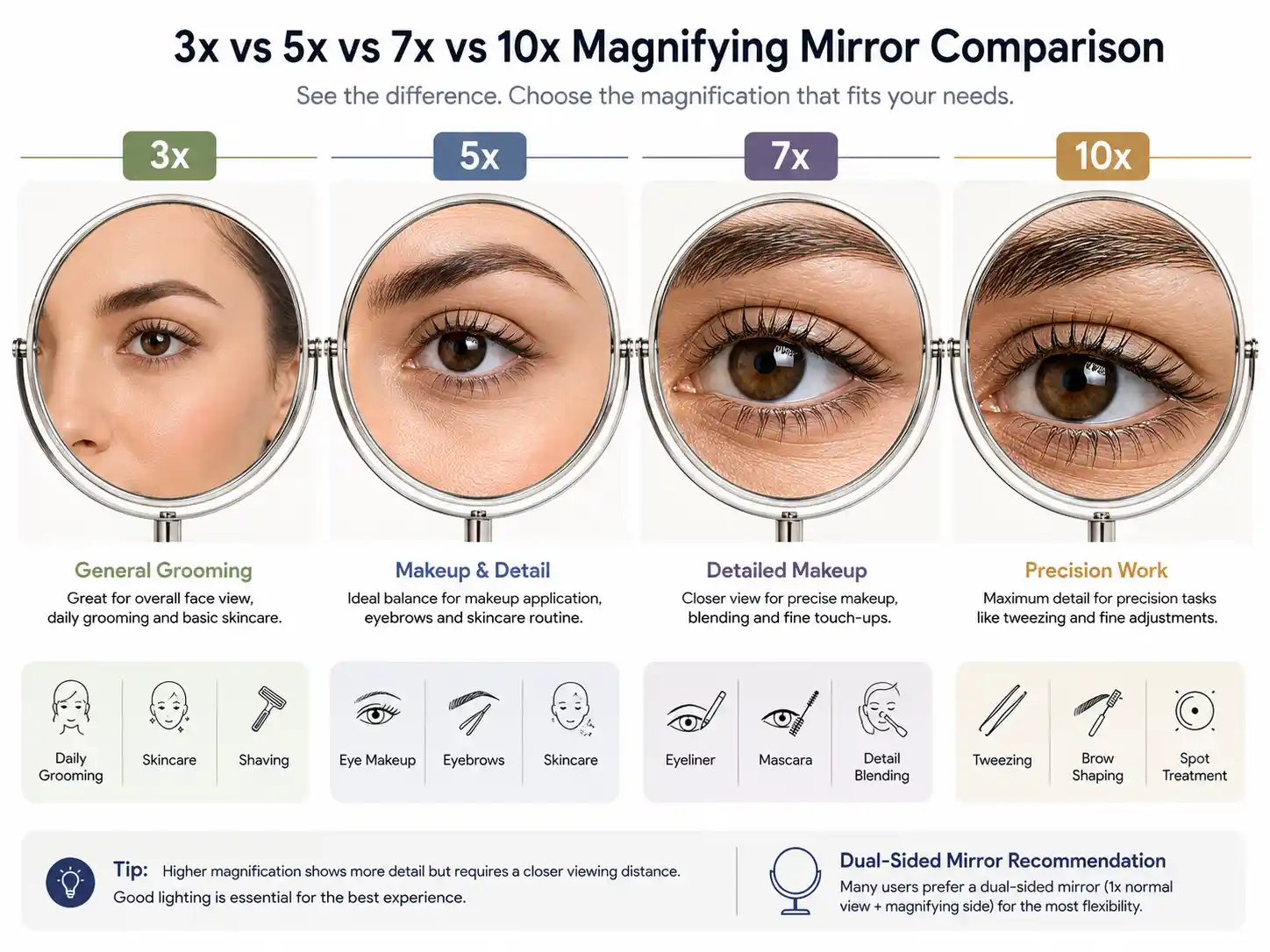 3x vs 5x vs 7x vs 10x magnifying mirror magnification comparison