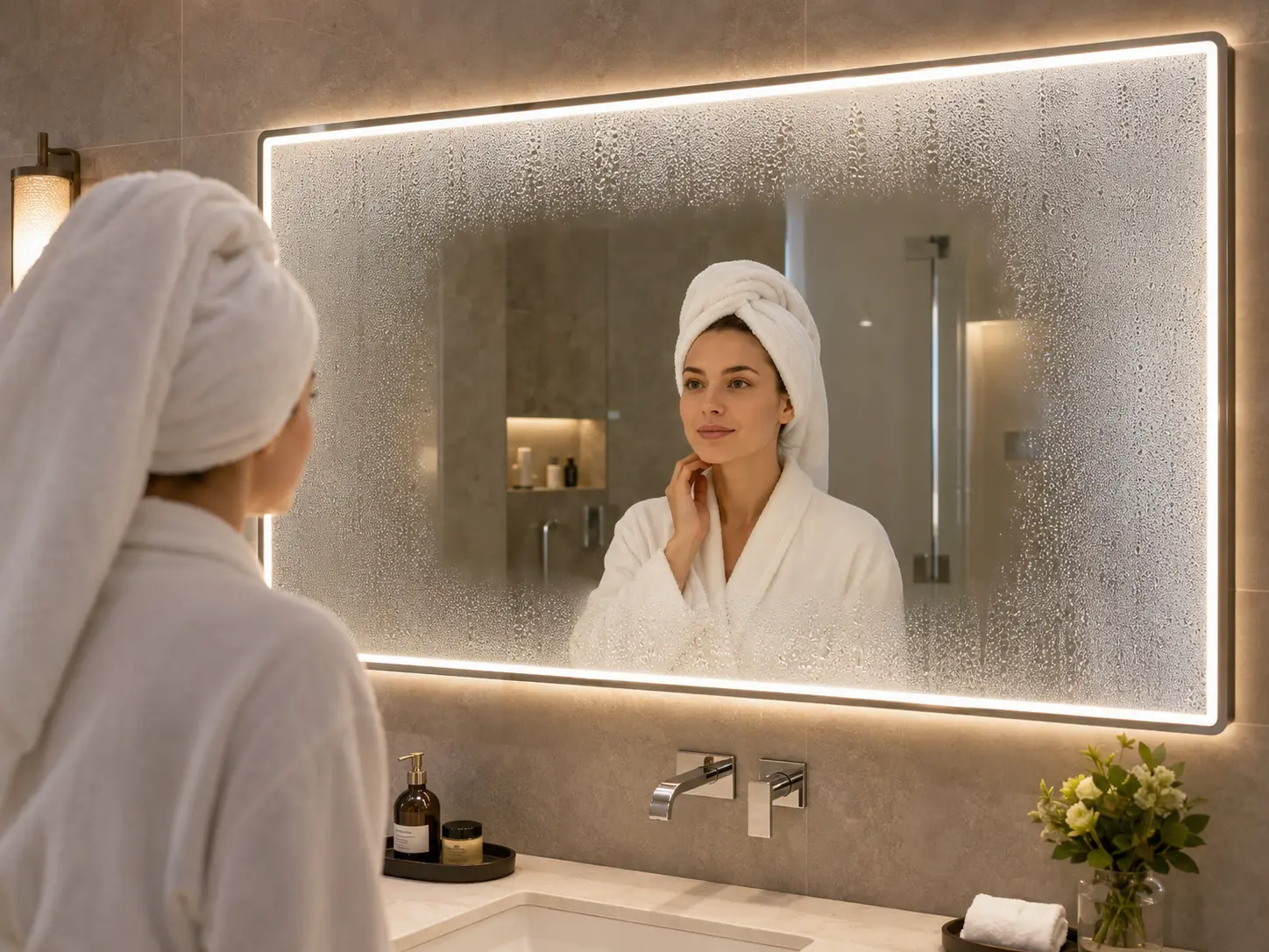 Anti-fog bathroom mirror with a clear center and foggy edges