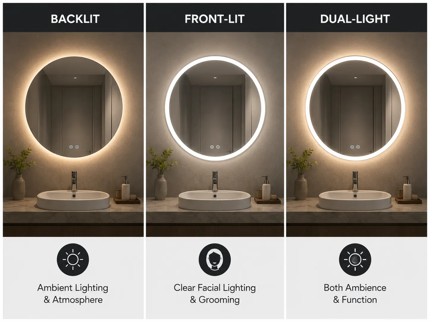 Backlit front-lit and dual-light bathroom mirrors compared for different lighting needs