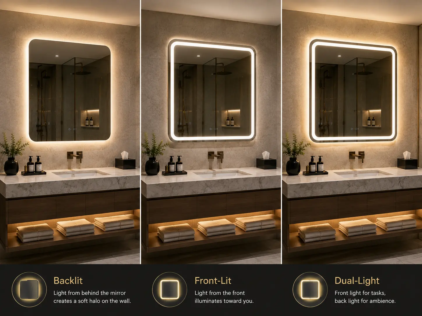 Backlit vs front lit bathroom mirror and dual-light mirror comparison for hotel projects