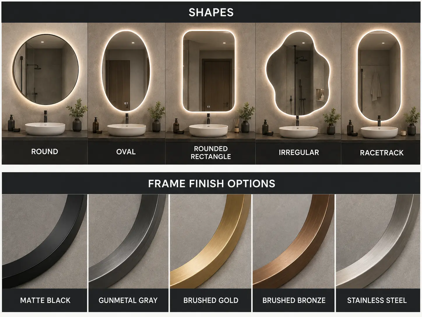 Bathroom mirror shapes and frame finishes for hotel and commercial projects