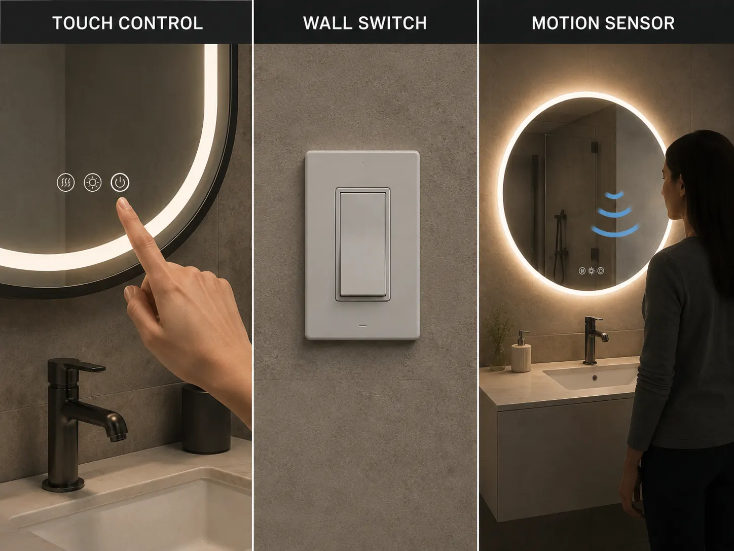LED mirror control options including touch control wall switch and motion sensor