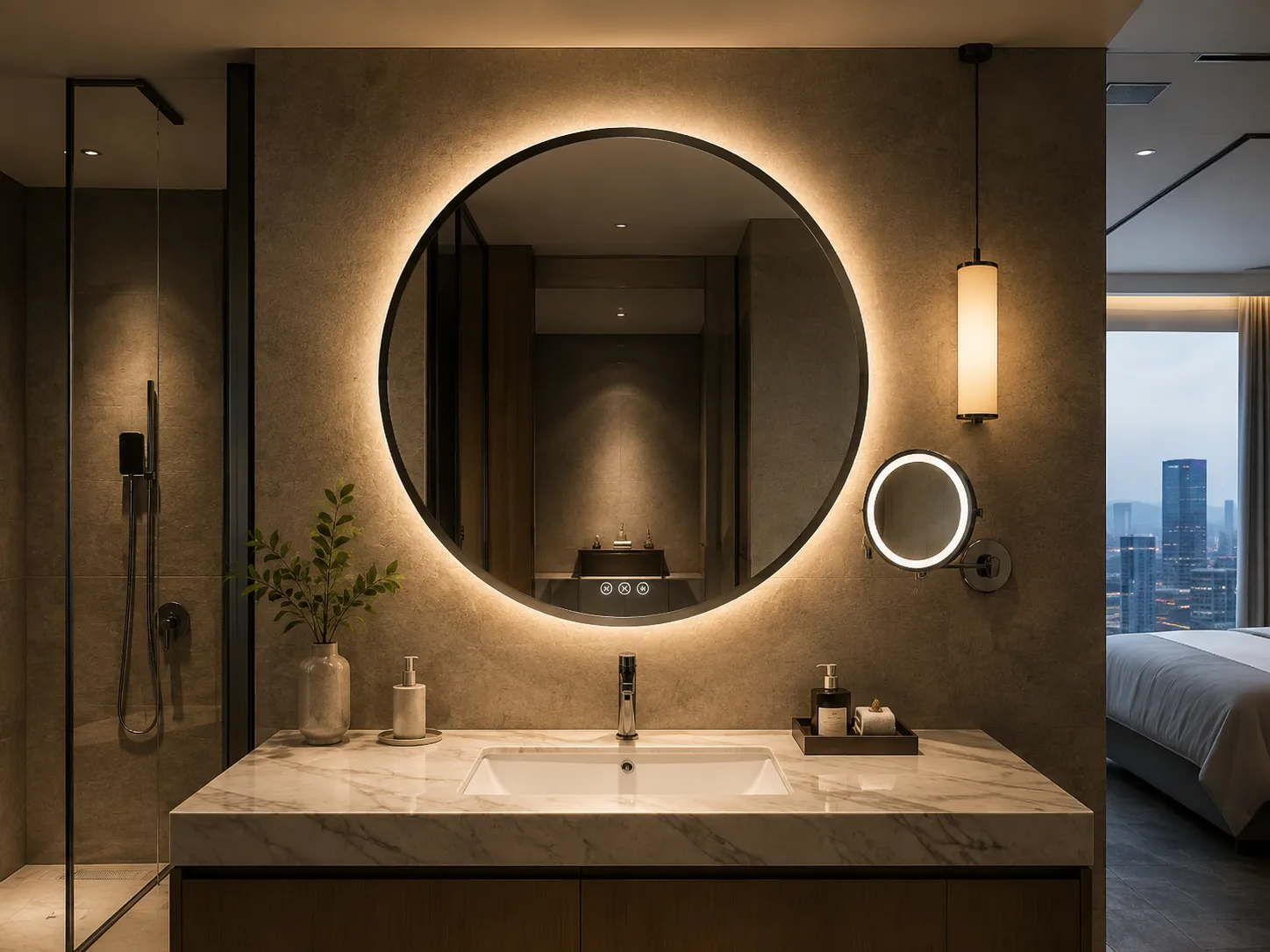 Smart LED mirror installed in a modern hotel bathroom